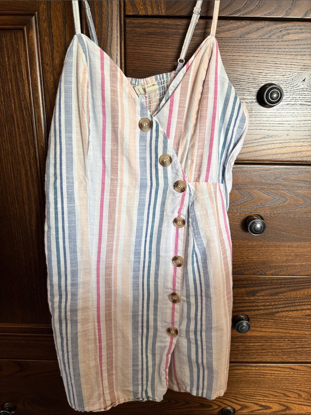 Striped Button-Front Linen-Blend one piece Romper short in Blue, Pink & Cream